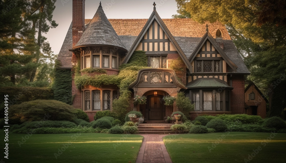 Fototapeta premium Old cottage with half timbered design, surrounded by lush nature generated by AI