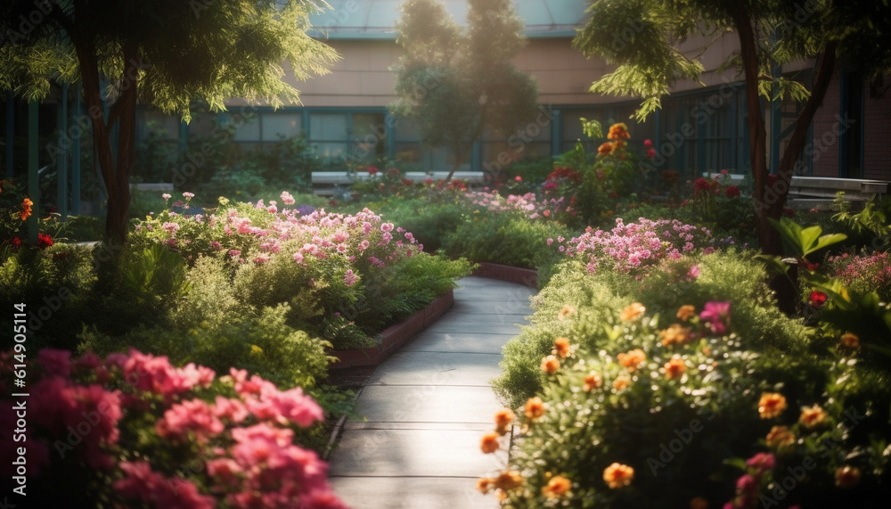 Obraz premium A colorful flower head blossoms in a landscaped formal garden generated by AI