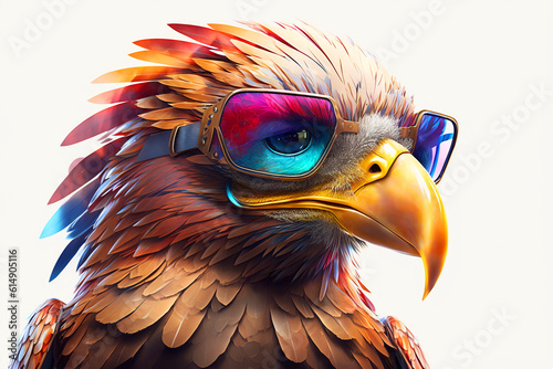 Cartoon colorful eagle with sunglasses on white background. Created with generative AI