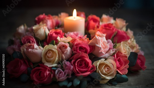 A romantic bouquet of pink and yellow flowers on table generated by AI