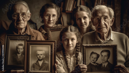 Multi generation family smiles for sepia toned portrait, surrounded by books generated by AI