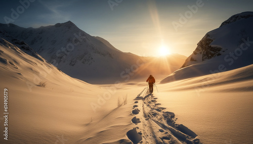 One person hiking mountain peak at sunset  enjoying tranquil scene generated by AI
