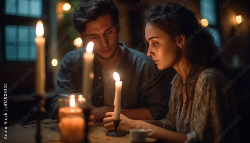 Two smiling young adults enjoy candlelit togetherness and love indoors generated by AI Two smiling young adults enjoy candlelit togetherness and love indoors generated by AI