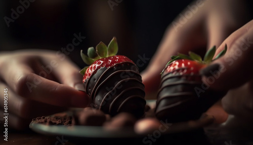 Indulge in gourmet dark chocolate dessert, a sweet temptation enjoyed together generated by AI