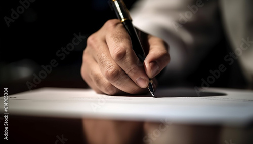 The businessman signs the contract with a ballpoint pen generated by AI