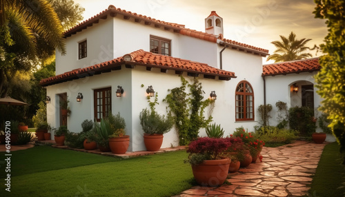 The historic chapel in the formal garden overlooks the tropical landscape generated by AI