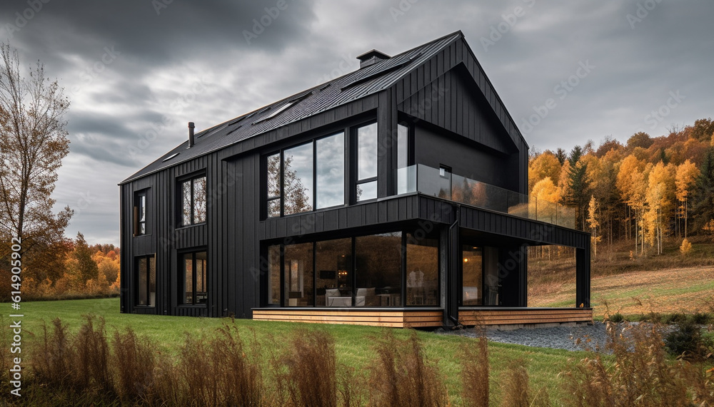 Modern architecture blends with nature autumn hues in luxurious design generated by AI
