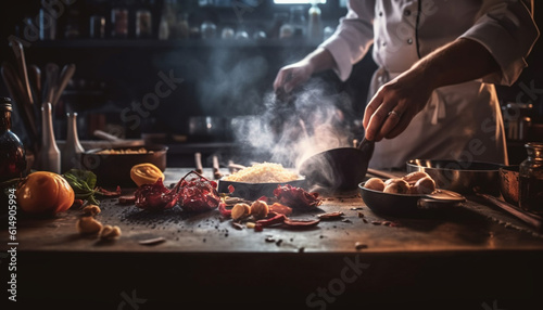 The chef hand slices fresh meat for a gourmet lunch generated by AI