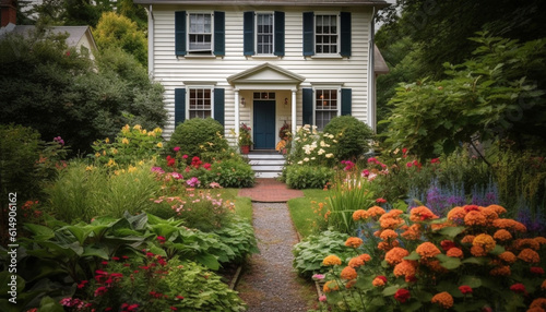 A modern suburban home with yellow flowers and blue steps generated by AI