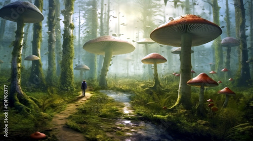 Mushroom forest. Huge mushrooms growing in the forest, mysterious magical atmosphere; forest path between mushrooms. Ai illustration, fantasy digital painting, Generative AI