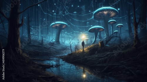 Mushroom forest. Huge mushrooms growing in the forest, mysterious magical atmosphere; forest path between mushrooms. Ai illustration, fantasy digital painting, Generative AI