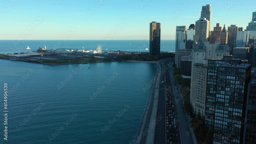 Aerial video view of the lakefront and the city Aerial video view of the lakefront and the city