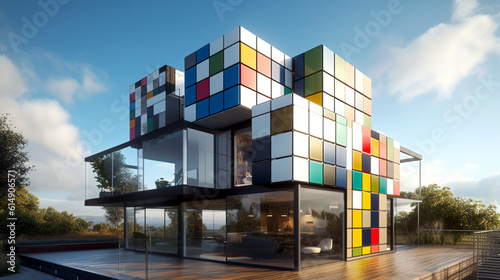 Modern Rubik's Cube shaped house. Architectural concept, unreal, fantasy. Ai illustration, fantasy digital painting, Generative AI