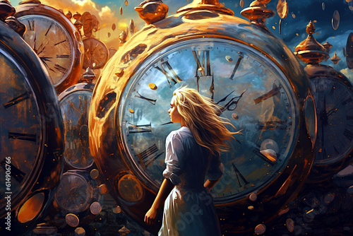 In the clock world.  Woman sihlouette surrounded by clocks. The concept of the passage of time, change, passing. Ai illustration, fantasy digital painting, Generative AI photo