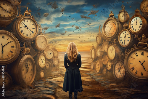 In the clock world.  Woman sihlouette surrounded by clocks. The concept of the passage of time, change, passing. Ai illustration, fantasy digital painting, Generative AI photo
