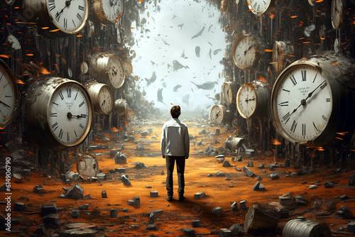 In the clock world.  Man silhouette surrounded by clocks. The concept of the passage of time, change, passing, travel. Ai illustration, fantasy digital painting, Generative AI