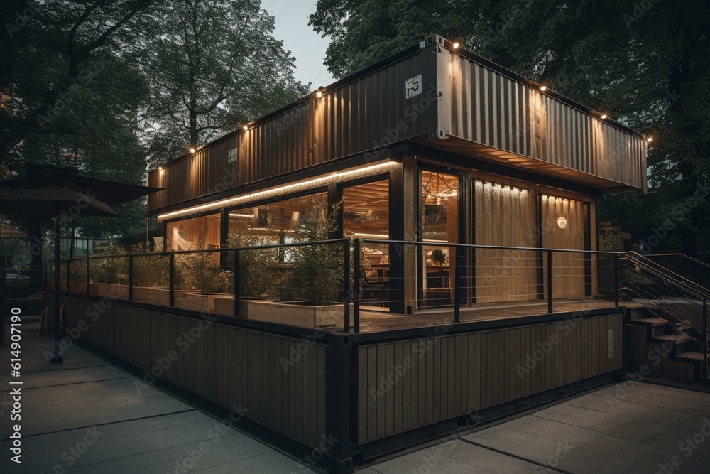 Sustainable container box remade as modern restaurant or office with minimal design, aiming for environmental preservation. Generative AI