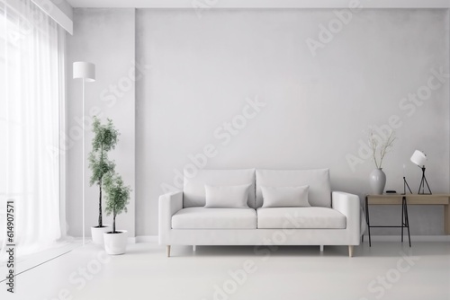 interior background lifestyle living couch grey home loft carpet luxury pillow apartment cushion. Generative AI.