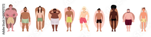 Set of men in underwear with different types of body shape on white background