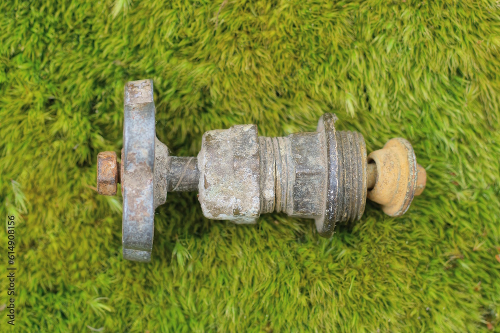one old brown gray iron piece of plumbing with a valve and part of a threaded pipe lies on green moss in the street
