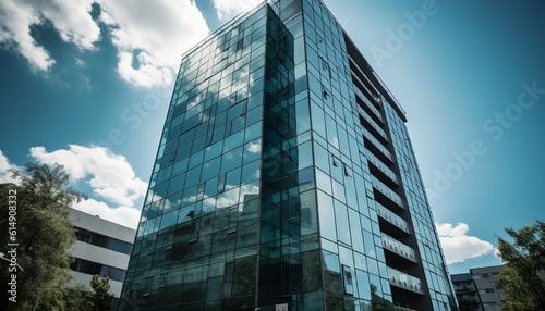 Modern skyscraper reflects futuristic design in bright blue glass facade generated by AI