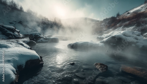 A tranquil scene of a mountain peak reflected in flowing water generated by AI