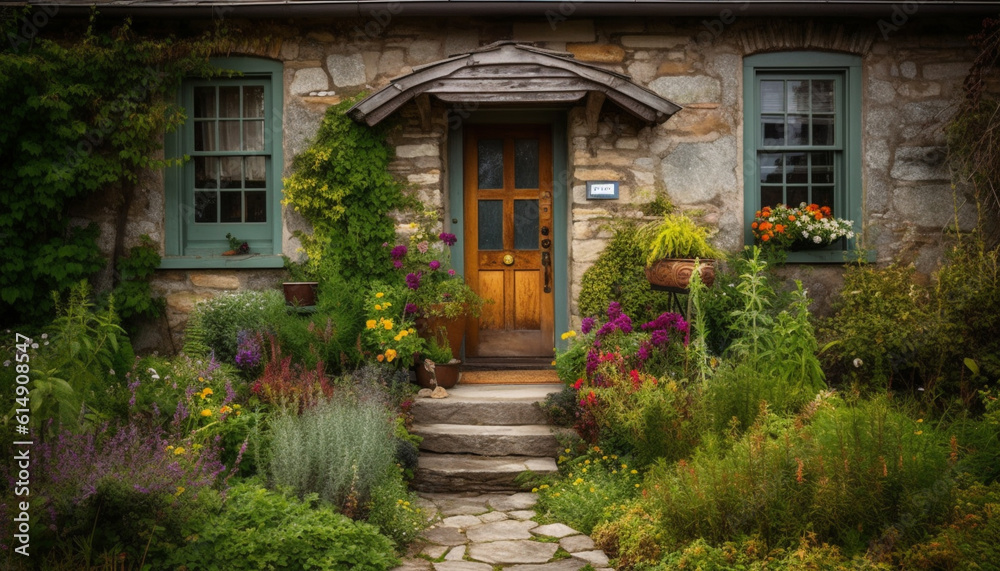 Old cottage with flower pot steps, rustic charm and history generated by AI