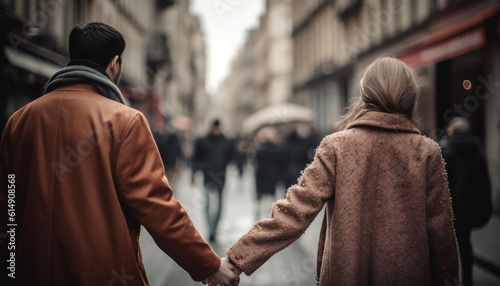 Two young adults in love, walking outdoors in the city generated by AI