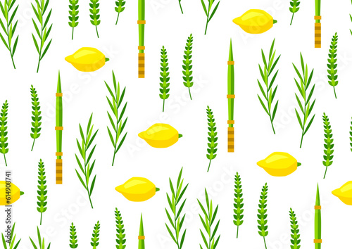 Happy Sukkot seamless pattern. Holiday background with Jewish festival traditional symbols.