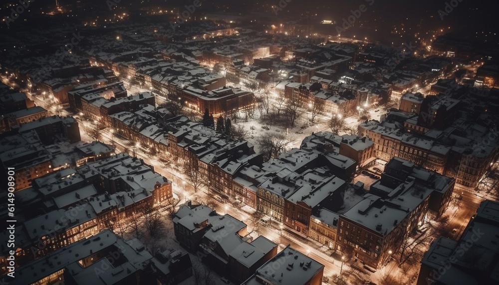 City skyline illuminated by street lights, snow covered buildings below generated by AI