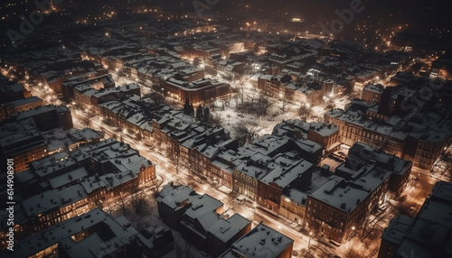 City skyline illuminated by street lights, snow covered buildings below generated by AI © Stockgiu