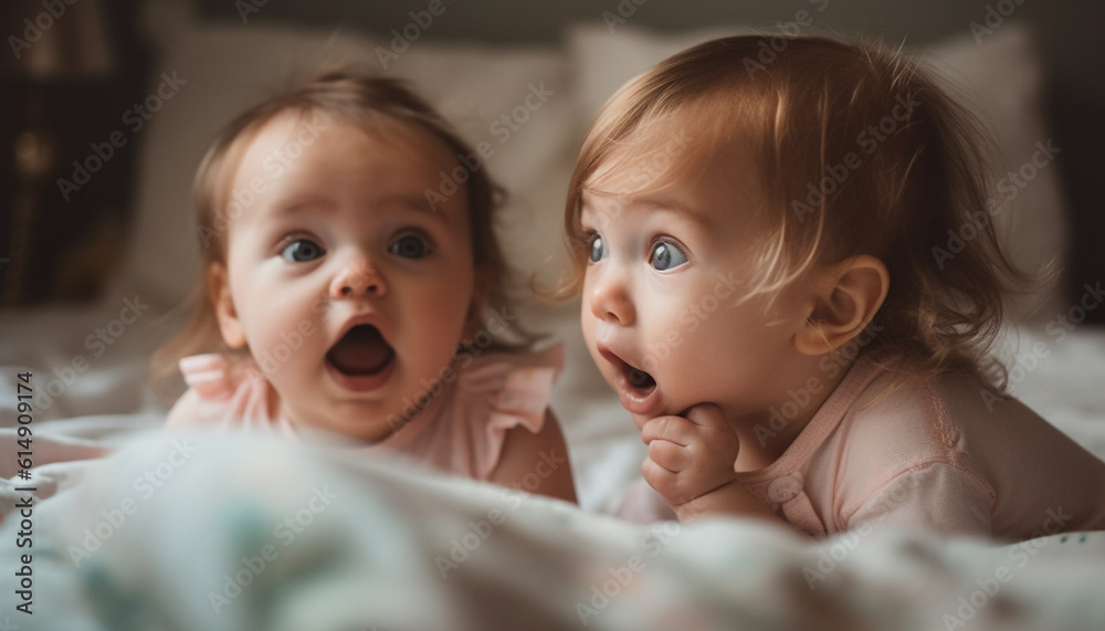 Cheerful twins playing on bed, bonding in new life together generated by AI Cheerful twins playing on bed, bonding in new life together generated by AI