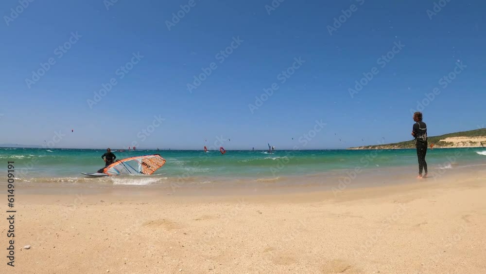 Kitesurfing on Valdevaqueros beach, Gibraltar Strait in Tarifa, Spain on June 17, 2023 Kitesurfing on Valdevaqueros beach, Gibraltar Strait in Tarifa, Spain on June 17, 2023