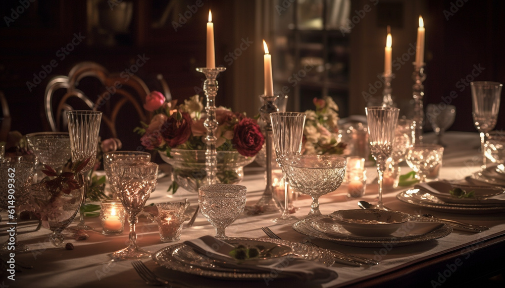 An elegant banquet table adorned with luxurious decorations and candlelight generated by AI