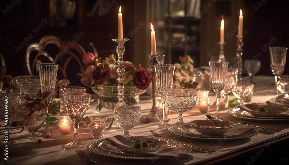 An elegant banquet table adorned with luxurious decorations and candlelight generated by AI An elegant banquet table adorned with luxurious decorations and candlelight generated by AI