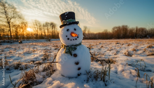 A cheerful snowman with a carrot nose and top hat generated by AI © Stockgiu