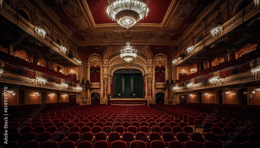 Obraz premium The elegant auditorium velvet chairs were illuminated for the performance generated by AI