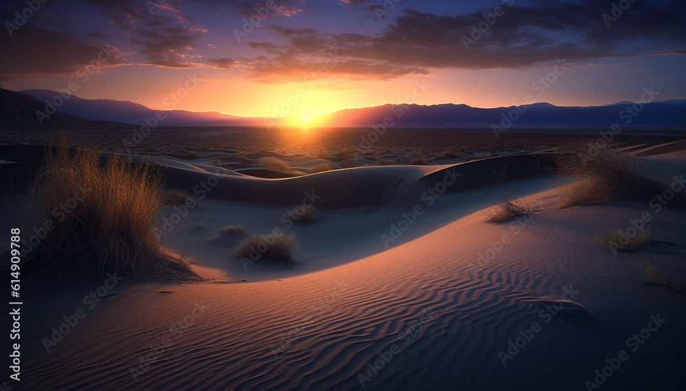Tranquil scene Majestic sand dunes ripple under Africa sunset sky generated by AI