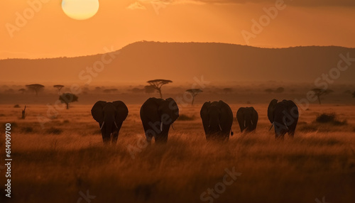 African elephant herd grazing at sunset on the savannah plain generated by AI