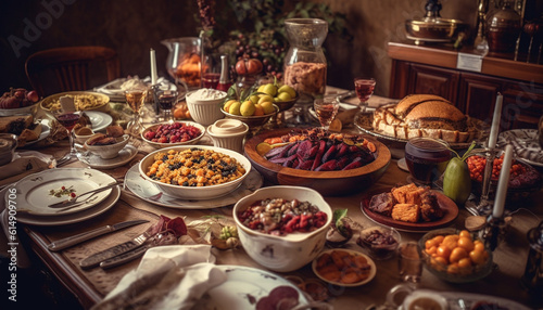 A rustic still life healthy meal, fresh fruit, and wine generated by AI