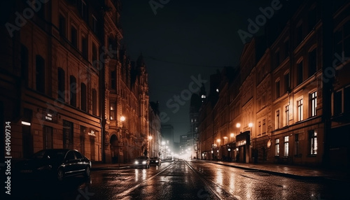 City nightlife illuminates old architecture with blurred motion and light trails generated by AI © Stockgiu