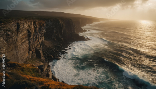 Majestic cliff, eroded by waves, creates awe inspiring seascape beauty generated by AI © Stockgiu