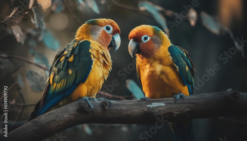 The multi colored macaw perches on a branch in the forest generated by AI