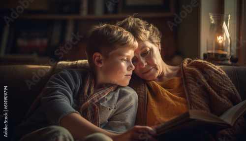 Two boys reading picture book, bonding in cozy living room generated by AI