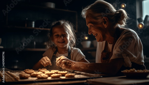 Three generations bond over homemade cookies in cozy kitchen generated by AI