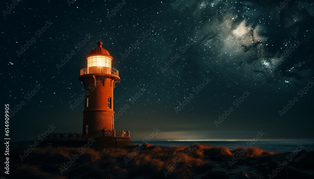 The beacon searchlight illuminates the coastline dark winter atmosphere generated by AI