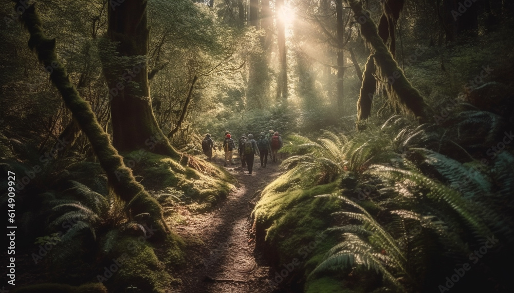 Men and women hiking through tranquil forest, enjoying nature beauty generated by AI