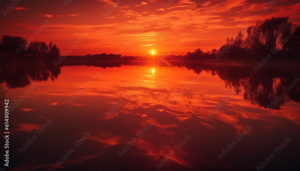 The vibrant sunset over the tranquil pond was heaven on earth generated by AI