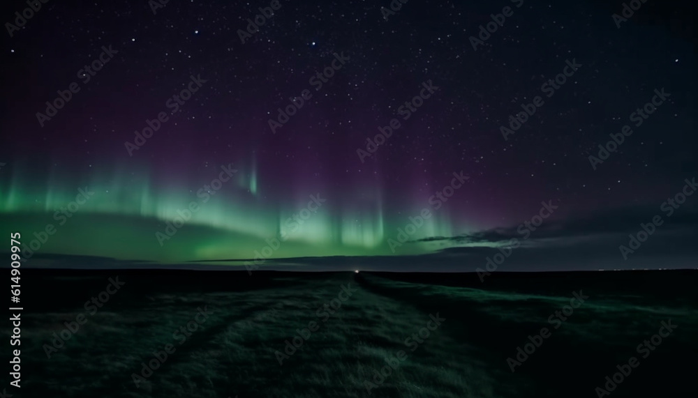 Fototapeta premium Star trail illuminates majestic mountain range in vibrant multi colored landscape generated by AI