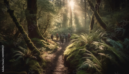 Men and women hiking through tranquil forest  enjoying nature beauty generated by AI